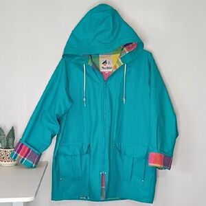 Vintage Misty Harbor Anytime Hooded Rain Slicker Jacket Blue Plaid Women’s M